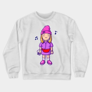 Cool Girl Listening Music With Earphone Cartoon Crewneck Sweatshirt